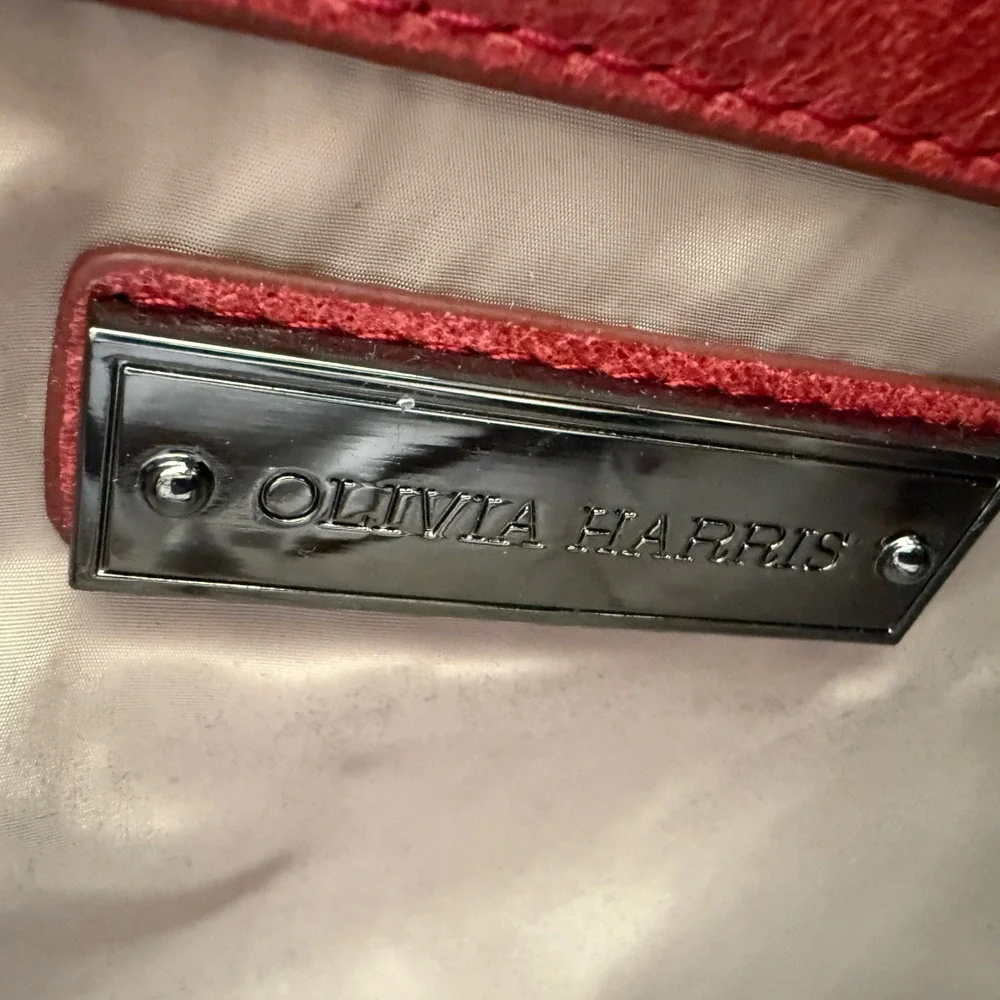 Olivia Harris Double Top Satchel Distressed Red Leather Shoulder Bag Purse - Picture 5 of 14